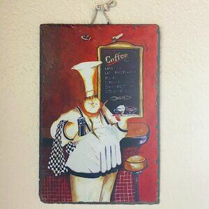 VTG "FAT CHEF COFFEE SHOP" By JENNIFER GARANT, Painted in Metal Plaque 12"Hx8"L